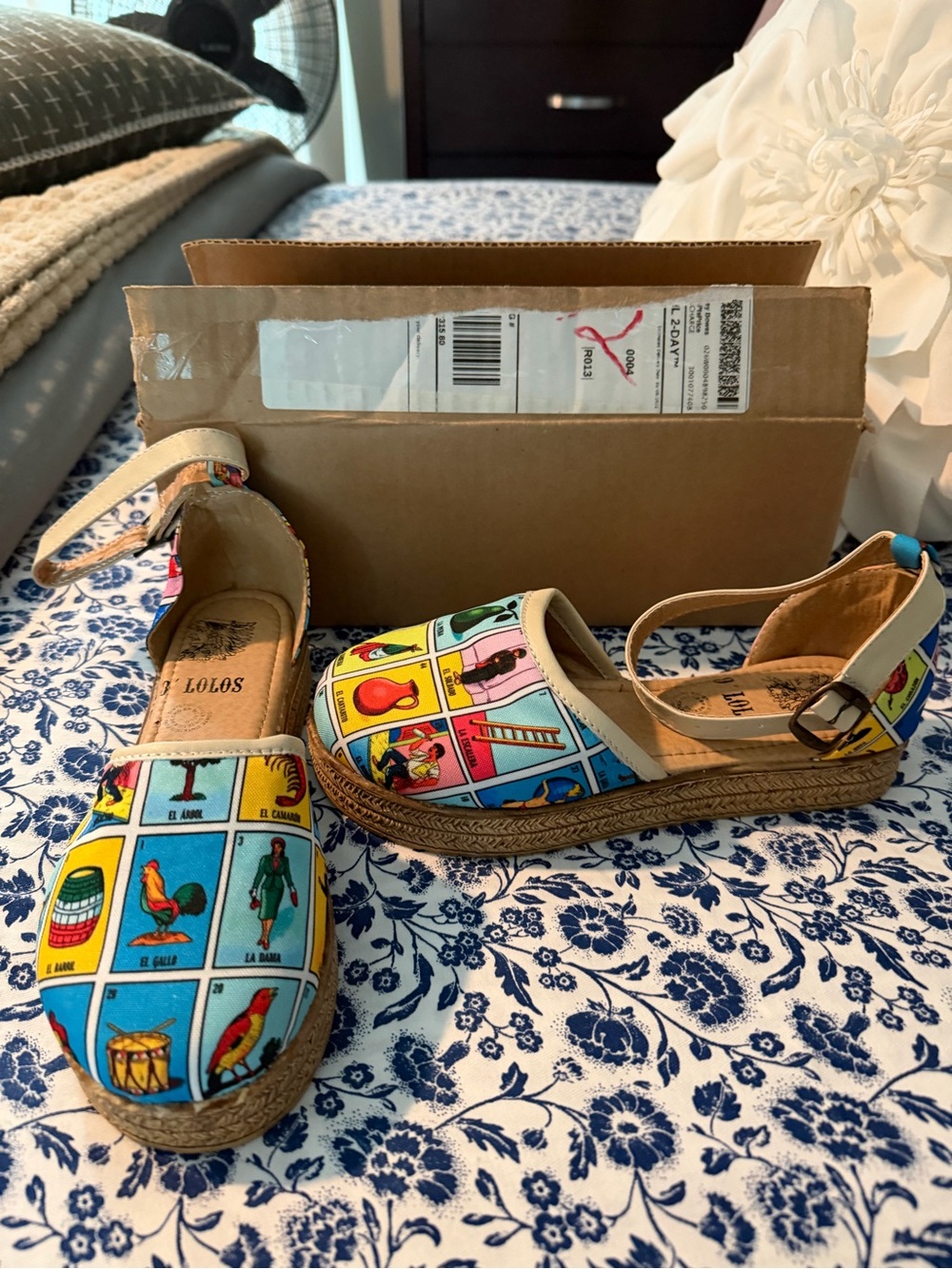 Women's Blue Multicolor Lotería Espadrille Sandals with Ankle Strap